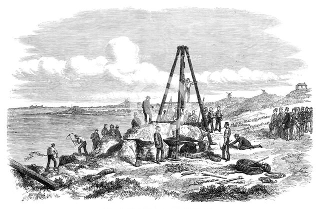 Raising the west capstone of Le Trepied Cromlech, Guernsey, 1870. Creator: Unknown.