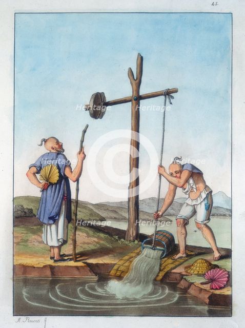 Raising water by means of a shaduf, China, 1825-1835. Creator: Unknown.