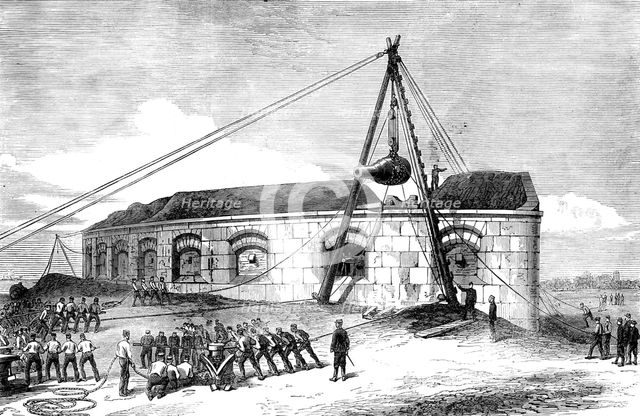 Raising a 25-ton gun at the Gilkicker Battery, Portsmouth, 1871. Creator: Unknown.