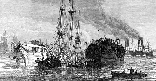 Raising a sunken Indiaman in the Thames, near Gravesend, 1874. Creator: Unknown.