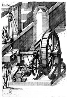 Raising a slab of stone using a block-and-tackle mechanism, 1620