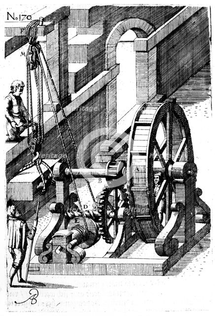 Raising a slab of stone using a block-and-tackle mechanism, 1620. Artist: Unknown