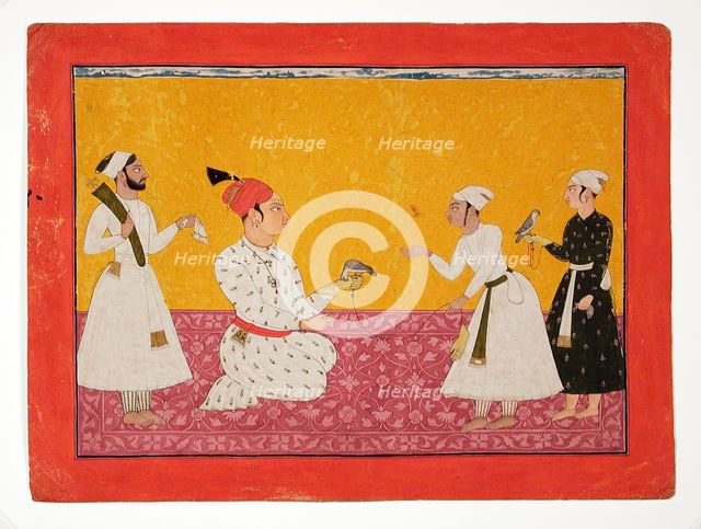 Raja Medini Pal (Reigned 1722-1736) of Basohli Being Presented with a Falcon, c1725. Creator: Unknown.