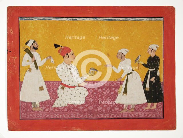 Raja Medini Pal (Reigned 1722-1736) of Basohli Being Presented with a Falcon, c1725. Creator: Unknown.