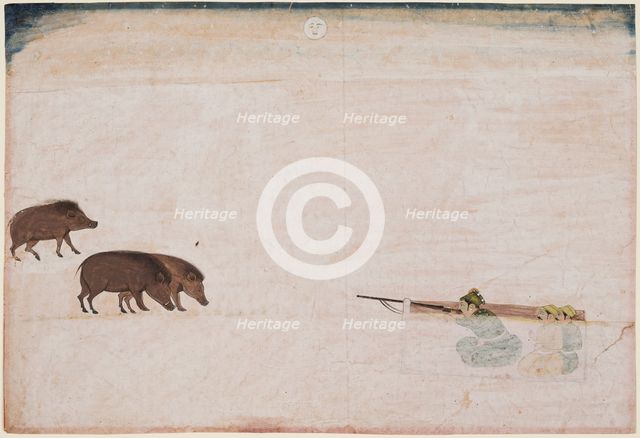 Raja Ram Chand of Amber ? hunting wild boar (r. 1667-1688), c. 1670. Creator: Unknown.