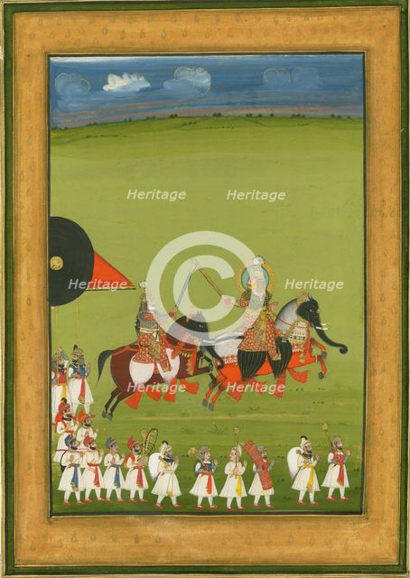 Rajah and son on horses disguised as elephants, and suite of attendants, c. 1810. Artist: Indian Art  
