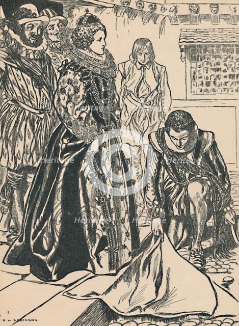 'Raleigh Spreads His Cloak Before Elizabeth', c1907. Artist: Unknown.