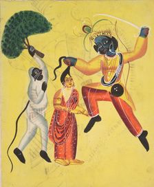 Rama and Hanuman, Holding an Uprooted Tree, Rescues Sita , 1800s. Creator: Unknown