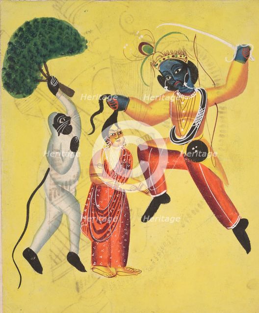 Rama and Hanuman, Holding an Uprooted Tree, Rescues Sita , 1800s. Creator: Unknown.