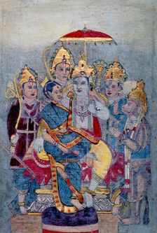 Rama and Sita enthroned under a royal umbrella, c1900. Creator: Unknown