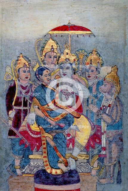 Rama and Sita enthroned under a royal umbrella, c1900.  Creator: Unknown.