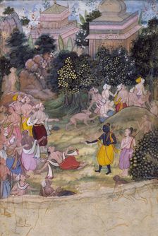 Rama Chastises the Dying Vali, Folio from a Ramayana (Adventures of Rama), c1595. Creator: Unknown