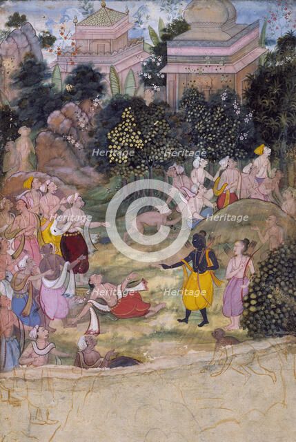 Rama Chastises the Dying Vali, Folio from a Ramayana (Adventures of Rama), c1595. Creator: Unknown.