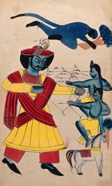 Rama fighting his sons Lava and Kusa with Hanuman helping. Creator: Unknown