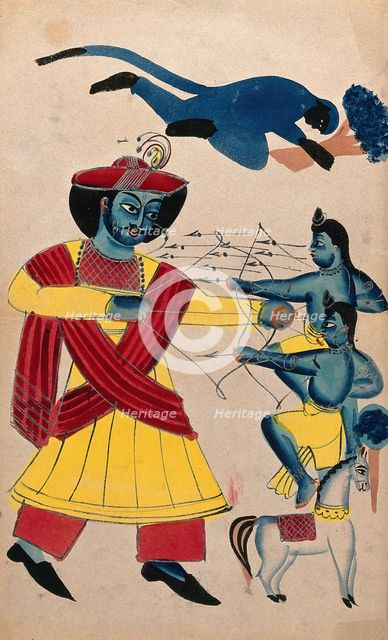 Rama fighting his sons Lava and Kusa with Hanuman helping. Creator: Unknown.