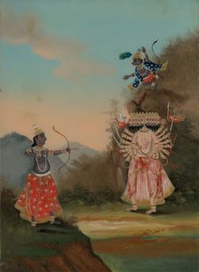Rama (left) and Hanuman (above, right) fighting the demon Ravana (right). Creator: Unknown