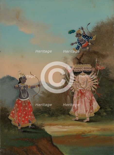 Rama (left) and Hanuman (above, right) fighting the demon Ravana (right). Creator: Unknown.
