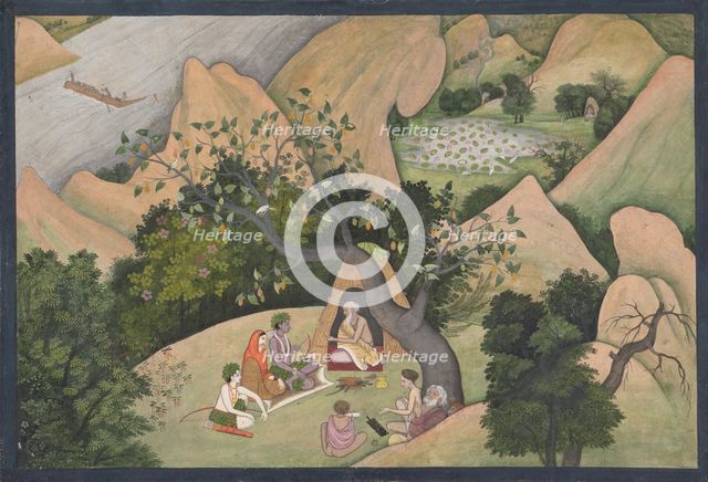 Rama, Sita, and Lakshmana at the Hermitage of Bharadvaja: Illustrated folio from..., ca. 1780. Creator: Unknown.