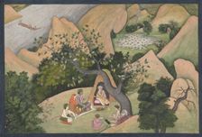 Rama, Sita, and Lakshmana at the Hermitage of Bharadvaja: Illustrated folio from..., ca. 1780. Creator: Unknown