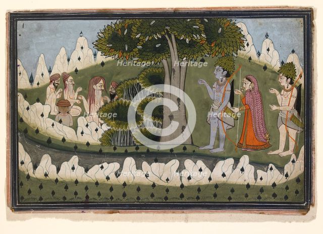 Rama, Sita, and Laksmana in a landscape with ascetics, c1830. Artist: Unknown.