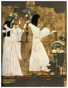 Rames and his wife in adoration before a table heaped with offerings, c1400 BC (1958)