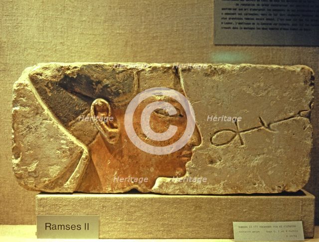 Ramesses II receiving life and wealth, fragment showing only the head, made in polychromed limest…