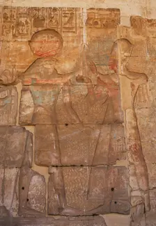 Ramesses II with Ra-Harakti (Horus of the Horizon), Temple of Seti I, Abydos, New Kingdom, (2003). Creator: LTL