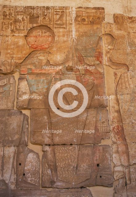 Ramesses II with Ra-Harakti (Horus of the Horizon), Temple of Seti I, Abydos, New Kingdom, (2003). Creator: LTL.