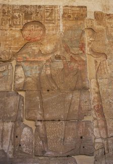 Ramesses II with Ra-Harakti (Horus of the Horizon), Temple of Seti I, Abydos, New Kingdom, (2003). Creator: LTL
