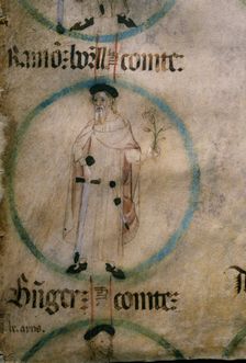 Ramón Borell I (992-1010), count of Barcelona, Gerona and Ausona, miniature in a 15th century par…