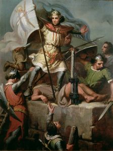 Ramon Berenguer III the Great (1082 - 1131) driving the flag of Barcelona in the tower of the cas…