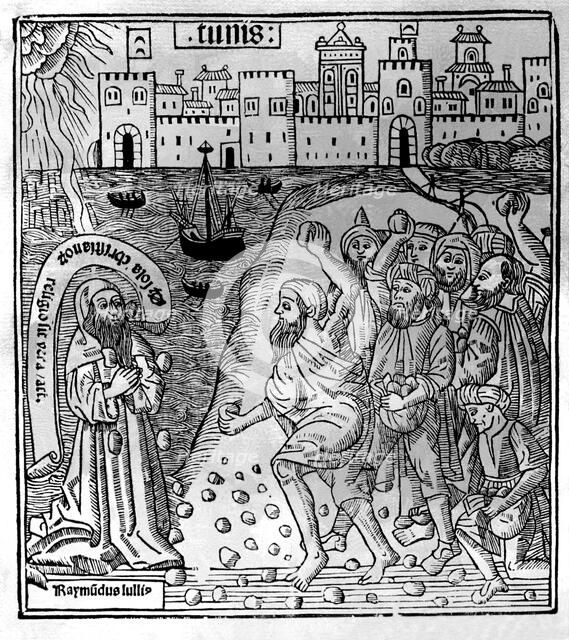Ramon Llull (1233-1315-16), Catalan writer, engraving of his martyrdom and stoning in Tunisia, pr…