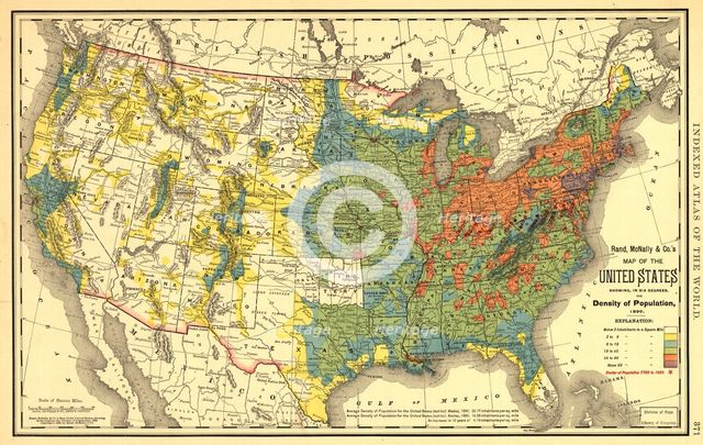 Rand, McNally & Co.'s map of the United States showing, in six degrees the density of pop..., 1890. Creator: Rand McNally.