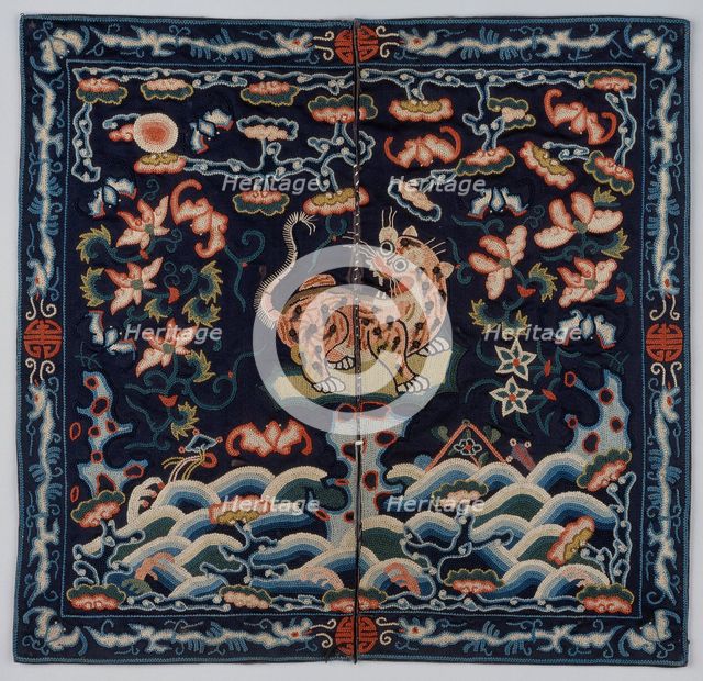 Rank badge of a military official of the fourth rank, with tiger, bats, and flowers, 19th century. Creator: Unknown.