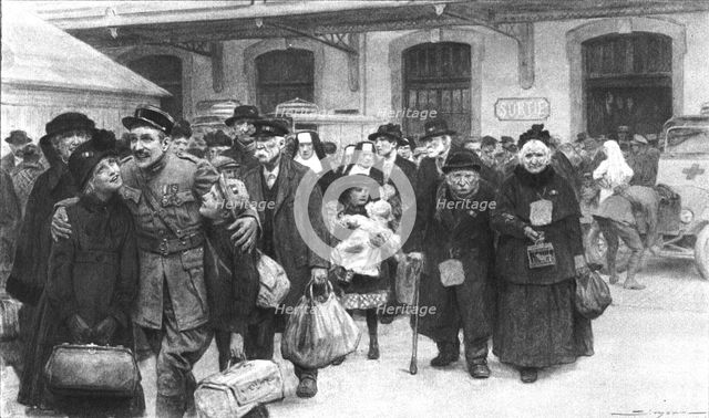 'Rapatries; La sortie de la gare: un officier permissionnaire a retrouve ses enfants'. Creator: J Simont.