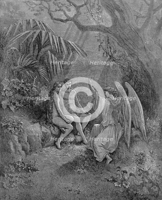 Raphael talks to Adam and Eve. Illustration for John Milton's Paradise Lost, 1866. Artist: Doré, Gustave (1832-1883)