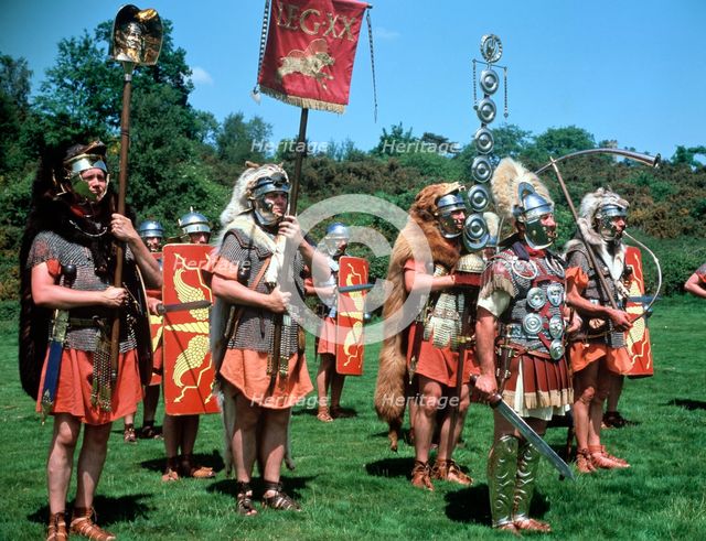 Re-enactors dressed as Roman soldiers. Creator: Peter Thompson.