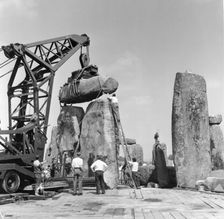 Re-erection of Trilithon lintel, Stonehenge, Wiltshire, 1958. Artist: Richard J C Atkinson