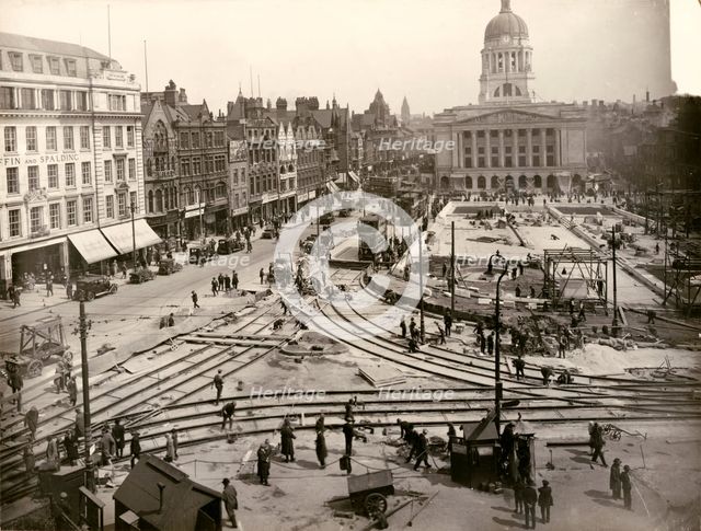 Re-laying of tram track in the Old Market Square, Nottingham, Nottinghamshire, 1929. Creator: Unknown.