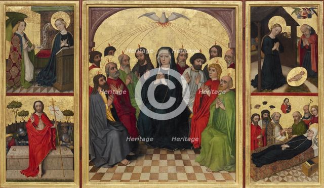 Retable of the Holy Spirit (open). Pentecost, Annunciation, Nativity, Resurrection of Christ and Death of the Virgin, c. 1448. Artist: Workshop of the Wolfgang Retable (ca 1448-1449)