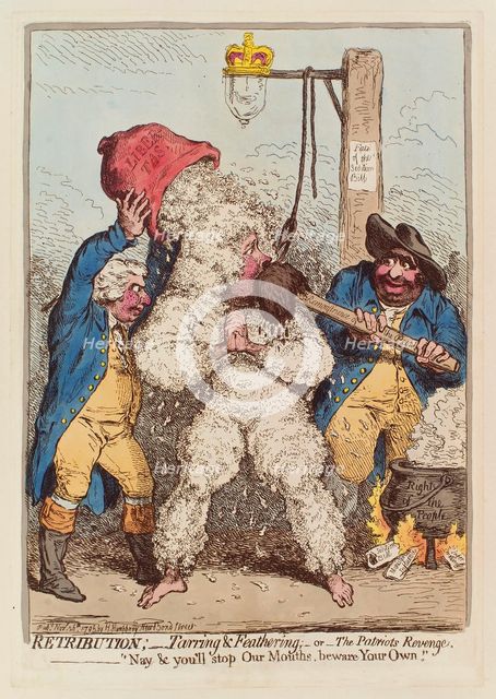 Retribution: Tarring and Feathering, or The Patriot's Revenge, pub. 1795 (hand coloured engraving). Creator: James Gillray (1757 - 1815).