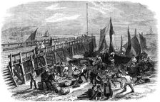 Return of the herring boats, Yarmouth, Isle of Wight, 1856.Artist: NR Woods