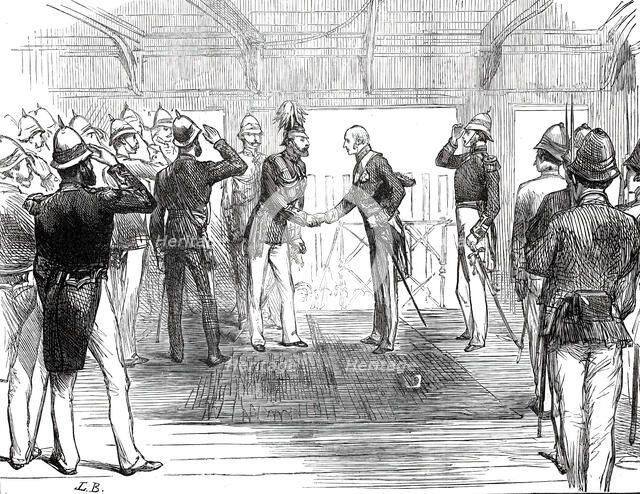 Return of the Prince of Wales from India: the Governor of Bombay...on board the Serapis...1876. Creator: Unknown.