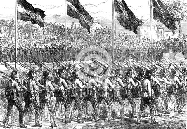 Return of troops from Ashantee: Black Watch (42nd Highlanders) marching to Governor’s Green..., 1874 Creator: Unknown.