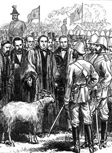 Return of troops from the Ashantee War: presenting a goat to the 23rd (Royal Welsh) Fusiliers, 1874. Creator: Unknown