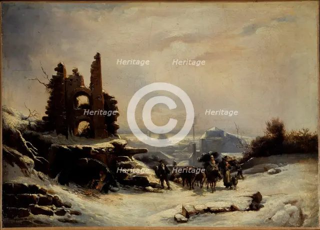 Return from market (snow in Paris), c1830. Creator: Louis Claude Mallebranche.