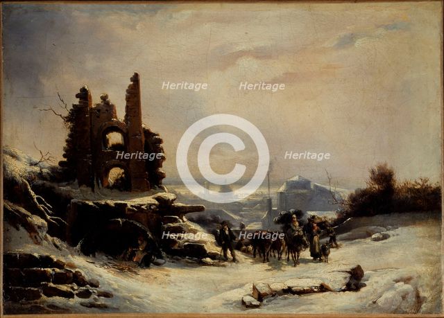 Return from market (snow in Paris), c1830. Creator: Louis Claude Mallebranche.