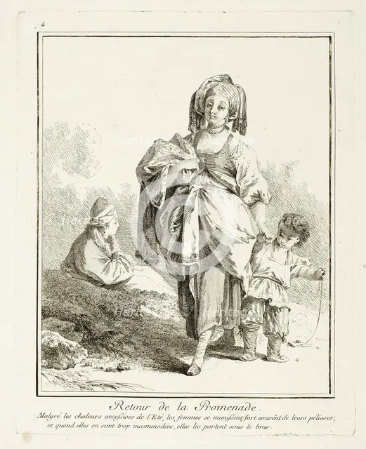 Return Walk, plate four from Suite de Divers Habillements de Peuples du Nord, 1765. Creator: Jean Baptiste Le Prince.