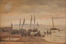 Returning fishermen are received at Hornbæk Strand, 1848-1891. Creator: Carl Neumann