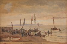 Returning fishermen are received at Hornbæk Strand, 1848-1891. Creator: Carl Neumann